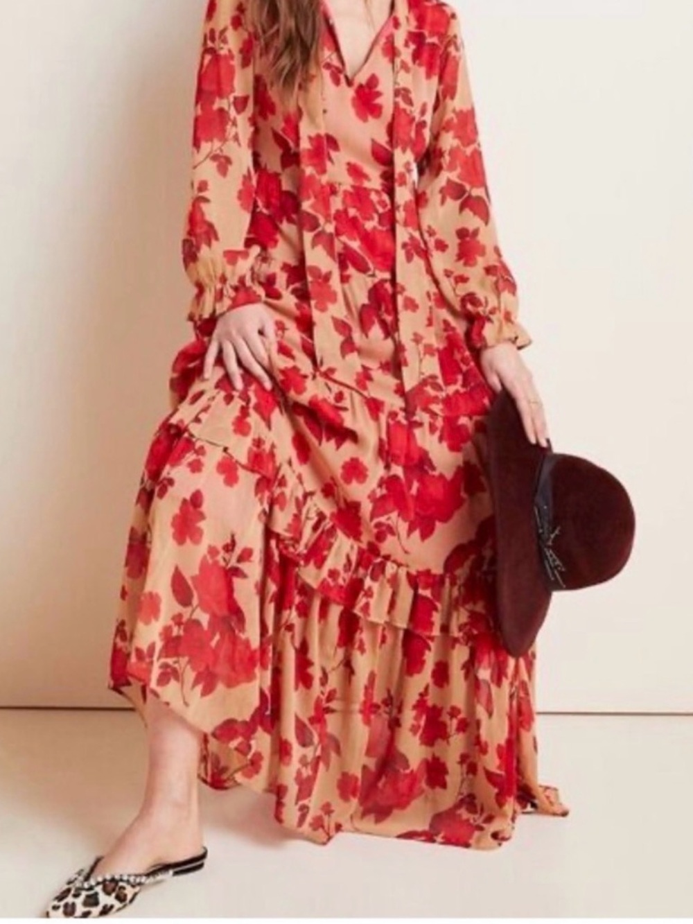 Daniel Rainn Peach Maxi Dress with Red Floral Print-Anthropologie
